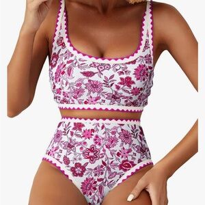 Pink and White Floral Bikini Set High-Waisted Swimwear